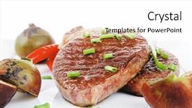  Presentation with green plate - Presentation theme with main entree roasted beef lamb steak served with hot cayenne peppers green chives and sweet figs on plate isolated over white background background and a white colored foreground