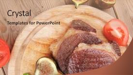  Presentation with cutlery - PPT layouts enhanced with main entree roasted beef lamb steak served with hot cayenne peppers green stuff sweet figs and cutlery on wood plate over wooden table background and a coral colored foreground