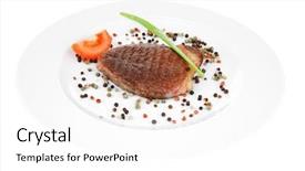  Presentation with allspice - Theme consisting of main entree roasted beef lamb steak served with red tomato allspice peppers green chives on plate isolated over white background background and a white colored foreground