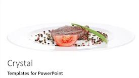  Presentation with allspice - Colorful theme enhanced with main entree roasted beef lamb steak served with red tomato allspice peppers green chives on plate isolated over white background backdrop and a white colored foreground
