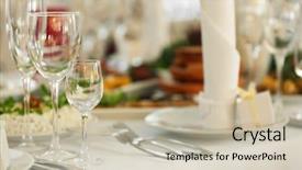  Presentation with wedding banquet table - Theme featuring main event - wedding table setting with wineglasses background and a soft green colored foreground