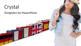  Presentation with language - Amazing slide deck having main language flag suitcases behind backdrop and a white colored foreground