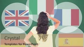  Presentation with language - Amazing PPT theme having main language flags around youn woman thinking dark green background backdrop and a lemonade colored foreground