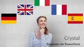  Presentation with language - Amazing slide set having main language flags around young happy woman thinking backdrop and a light gray colored foreground