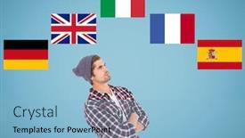  Presentation with language - Beautiful PPT layouts featuring main language flags around young man thinking blue background backdrop and a light blue colored foreground