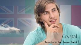  Presentation with language - PPT theme enhanced with main language flags around young happy man thinking sky background background and a light blue colored foreground