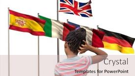  Presentation with language - Presentation design enhanced with main language flags behind girl backwards background and a soft green colored foreground