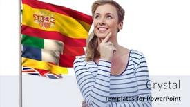  Presentation with language - Colorful slide deck enhanced with main language flags near young woman thinking backdrop and a light blue colored foreground