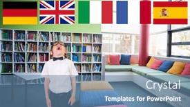  Presentation with language - Cool new PPT layouts with main language flags over boy in the school backdrop and a teal colored foreground