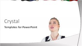  Presentation with language - Audience pleasing PPT layouts consisting of main language flags over young businesswoman white background backdrop and a white colored foreground