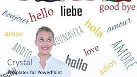  Presentation with language - Colorful theme enhanced with main language flags over young businesswoman backdrop and a sky blue colored foreground