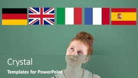  Presentation with language - Cool new slide deck with main language flags over young woman thinking green background backdrop and a ocean colored foreground