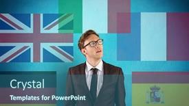  Presentation with language - Colorful presentation design enhanced with main language flags with opacity around young businessman blue background backdrop and a ocean colored foreground