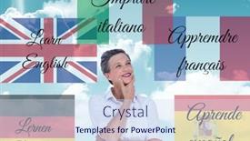  Presentation with language - Presentation theme with main language flags with words around woman sky background background and a sky blue colored foreground