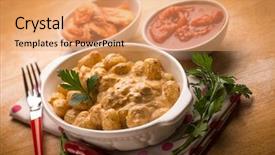  Presentation with classic homemade tomato sauce - Colorful slides enhanced with main meal - gnocchi with shrimp sauce backdrop and a  colored foreground