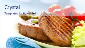  Presentation with food bbq - Presentation theme enhanced with main meal - grilled beef steak meat background and a sky blue colored foreground