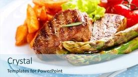  Presentation with food bbq - PPT theme consisting of main meal - grilled beef steak meat background and a sky blue colored foreground