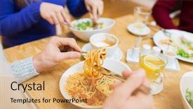  Presentation with pasta restaurant - Amazing PPT theme having main part - close up man eating pasta backdrop and a coral colored foreground