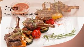  Presentation with ribs - Presentation design enhanced with main part - grilled meat ribs with vegetables background and a coral colored foreground