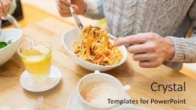  Presentation with pasta restaurant - Presentation theme featuring main part - people leisure and food concept background and a coral colored foreground