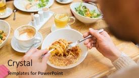  Presentation with pasta restaurant - Presentation design featuring main part - people leisure and food concept background and a  colored foreground