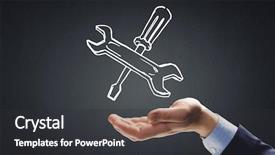  Presentation with tool belt tools - Presentation design consisting of website maintainence - businessman's hand holding tools background and a  colored foreground