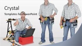  Presentation with craftsman - Cool new slide set with open notepad and blue pencil backdrop and a gold colored foreground.