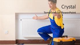  Presentation with diversity heating and cooling - Theme featuring maintenance excellence - young repairman contractor repairing heating background and a lemonade colored foreground