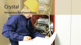  Presentation with distribution - Audience pleasing slides consisting of maintenance planning - electrician checking connections in distribution backdrop and a yellow colored foreground