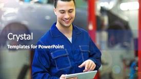  Presentation with maintenance reliability - Slide set enhanced with maintenance reliability - car mechanic in workshop background and a ocean colored foreground