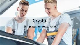  Presentation with auto parts - Audience pleasing presentation design consisting of maintenance reliability - experienced auto mechanic checking backdrop and a light blue colored foreground