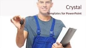  Presentation with auto - Slide set enhanced with maintenance scheduling - handsome auto mechanic with car background and a sky blue colored foreground