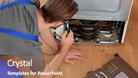  Presentation with refrigerator - Cool new presentation theme with maintenance services - male technician repairing refrigerator indoors backdrop and a coral colored foreground