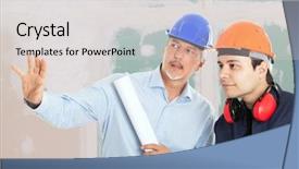  Presentation with foreman - Cool new PPT layouts with maintenance work - architect explaining a drawing backdrop and a light gray colored foreground