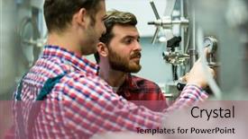  Presentation with factory workers - Cool new presentation theme with maintenance workers examining pressure at brewery factory backdrop and a coral colored foreground