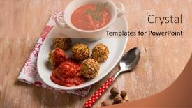  Presentation with meatball - Amazing presentation design having maize vegetarian meatball with tomatoes sauce backdrop and a coral colored foreground
