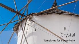  Presentation with greece blue - Beautiful slide deck featuring majestic-windmill-on-santorini-greece backdrop and a light gray colored foreground