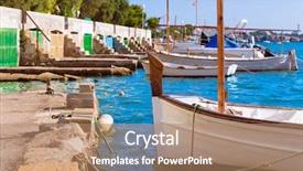  Presentation with port - Slides enhanced with majorca porto colom felanitx port in mallorca balearic island of spain background and a coral colored foreground