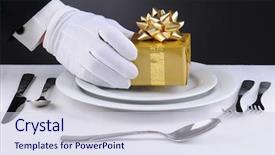  Presentation with waiter hand in white glove - Presentation having majordome - closeup of a waiters gloved background and a lemonade colored foreground