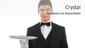  Presentation with waiter hand in white glove - Colorful presentation theme enhanced with majordome - male waiter holding tray backdrop and a  colored foreground