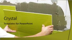  Presentation with tile - Presentation design enhanced with make concrete construction - man installs ceramic tile background and a gold colored foreground