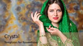  Presentation with green beauty - Presentation theme featuring make india - armenian beauty close up portrait background and a coral colored foreground