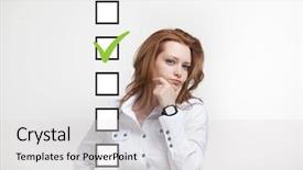  Presentation with box - Cool new slides with make list - young business woman checking backdrop and a light gray colored foreground