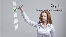  Presentation with box - Colorful slides enhanced with make list - young business woman checking backdrop and a light gray colored foreground