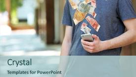  Presentation with mobile money - PPT theme consisting of make money - financial concept man holding smart background and a lemonade colored foreground