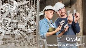  Presentation with factory workers - Amazing slide set having make quality control in metallurgy backdrop and a gray colored foreground