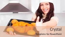  Presentation with baking - Presentation design consisting of make suggestions - beautiful young woman baking bread background and a  colored foreground
