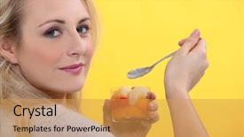  Presentation with fruit cocktail - Beautiful slide set featuring make suggestions - blond woman eating fruit cocktail backdrop and a  colored foreground