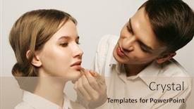  Presentation with artist - Slide set consisting of make-up artist doing make-up beautiful girl beauty concept background and a coral colored foreground