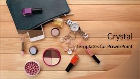  Presentation with make up cosmetics - Slide set with make up bag with cosmetics background and a coral colored foreground